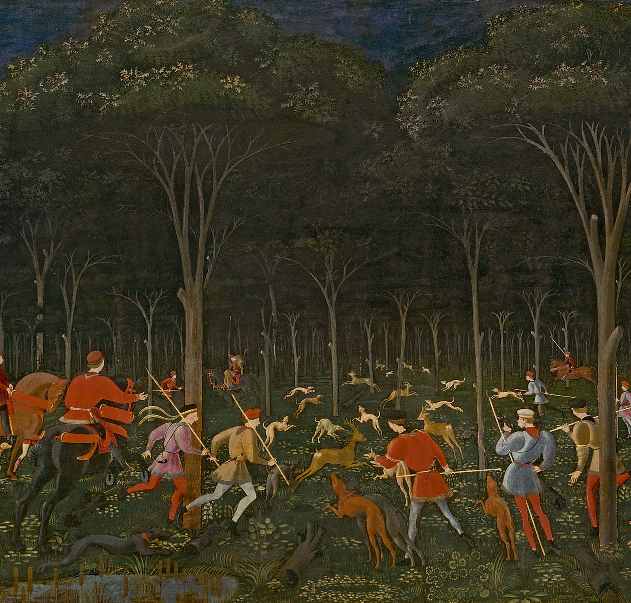 Metsästys metsässä, n.1465-70 öljy paneelille yksityiskohta 100861:stä tekijältä Paolo Uccello