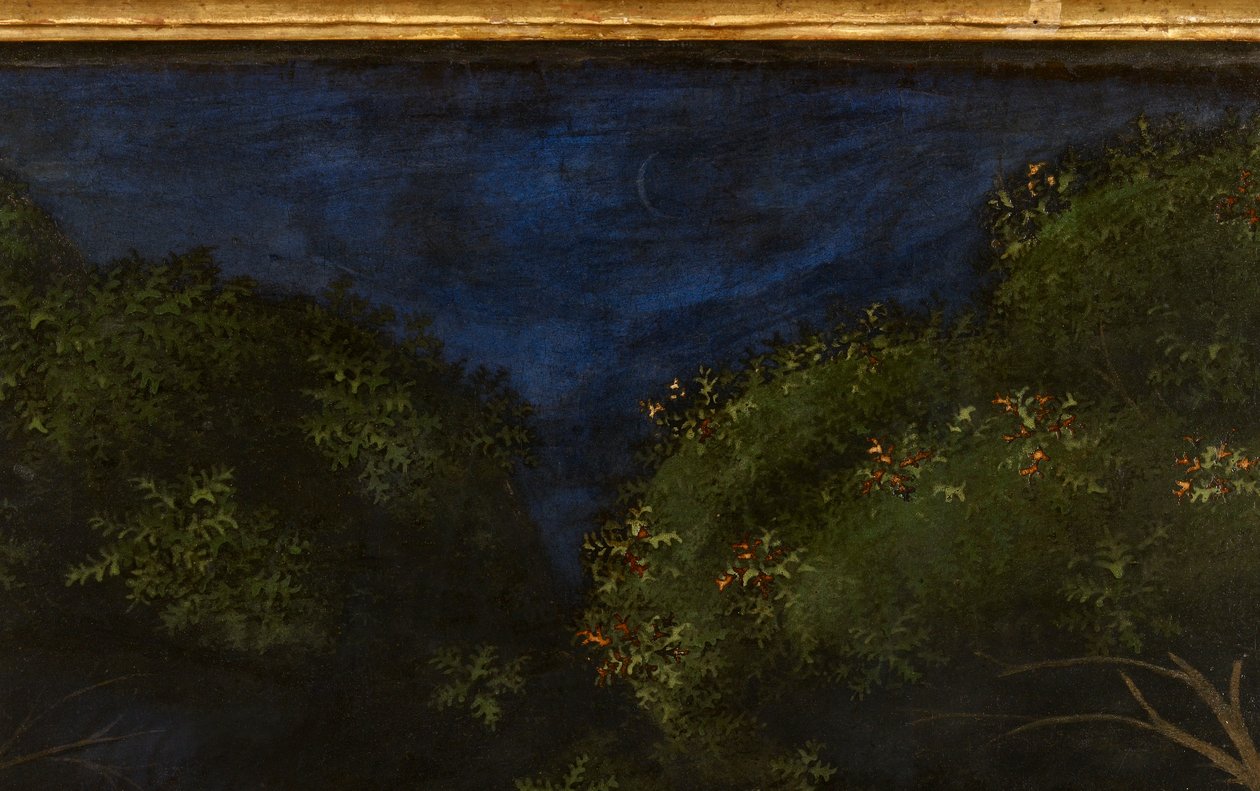 Metsästys metsässä, n.1465-70 öljy paneelille yksityiskohta 100861:stä tekijältä Paolo Uccello