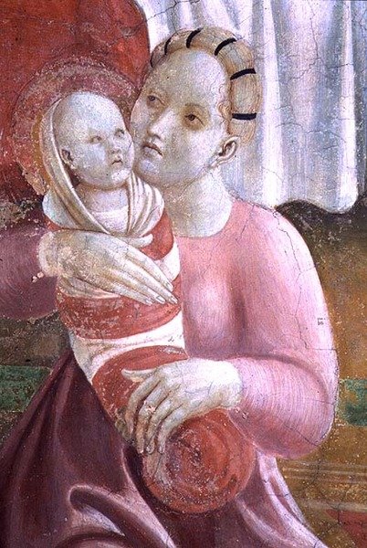 Neitsyen ja Pyhän Stefanoksen elämä, yksityiskohta äidistä ja lapsesta, Cappella dell"Assuntasta tekijältä Paolo Uccello