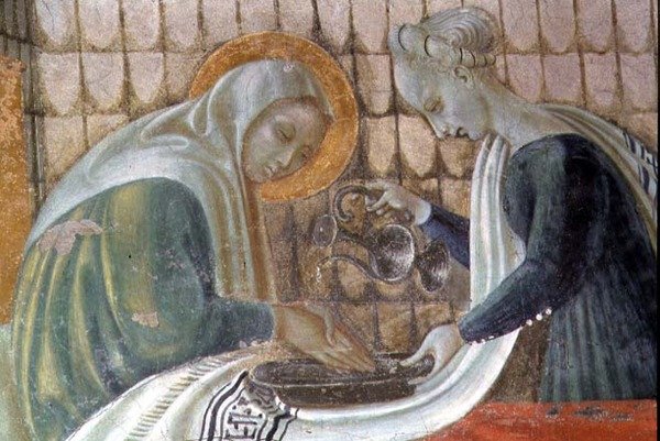 Neitsyen syntymä, yksityiskohta, joka kuvaa Pyhää Annaa pesemässä käsiään, Neitsyt taivaaseenastumisen kappelista, 1433–1434 tekijältä Paolo Uccello