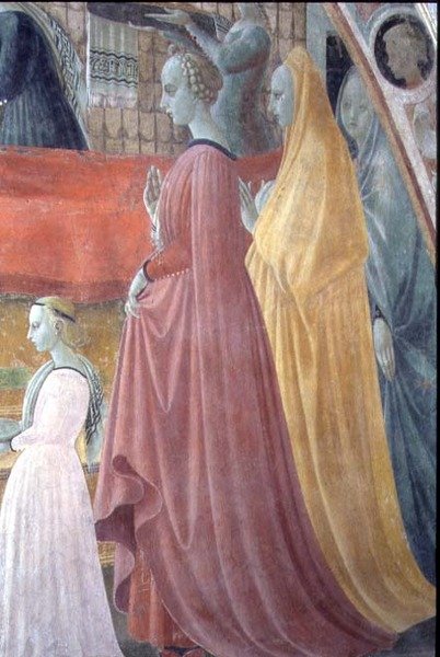 Neitsyt syntymä, yksityiskohta, joka kuvaa lahjoittajaperheen naisia, Neitsyt taivaaseenastumisen kappelista tekijältä Paolo Uccello