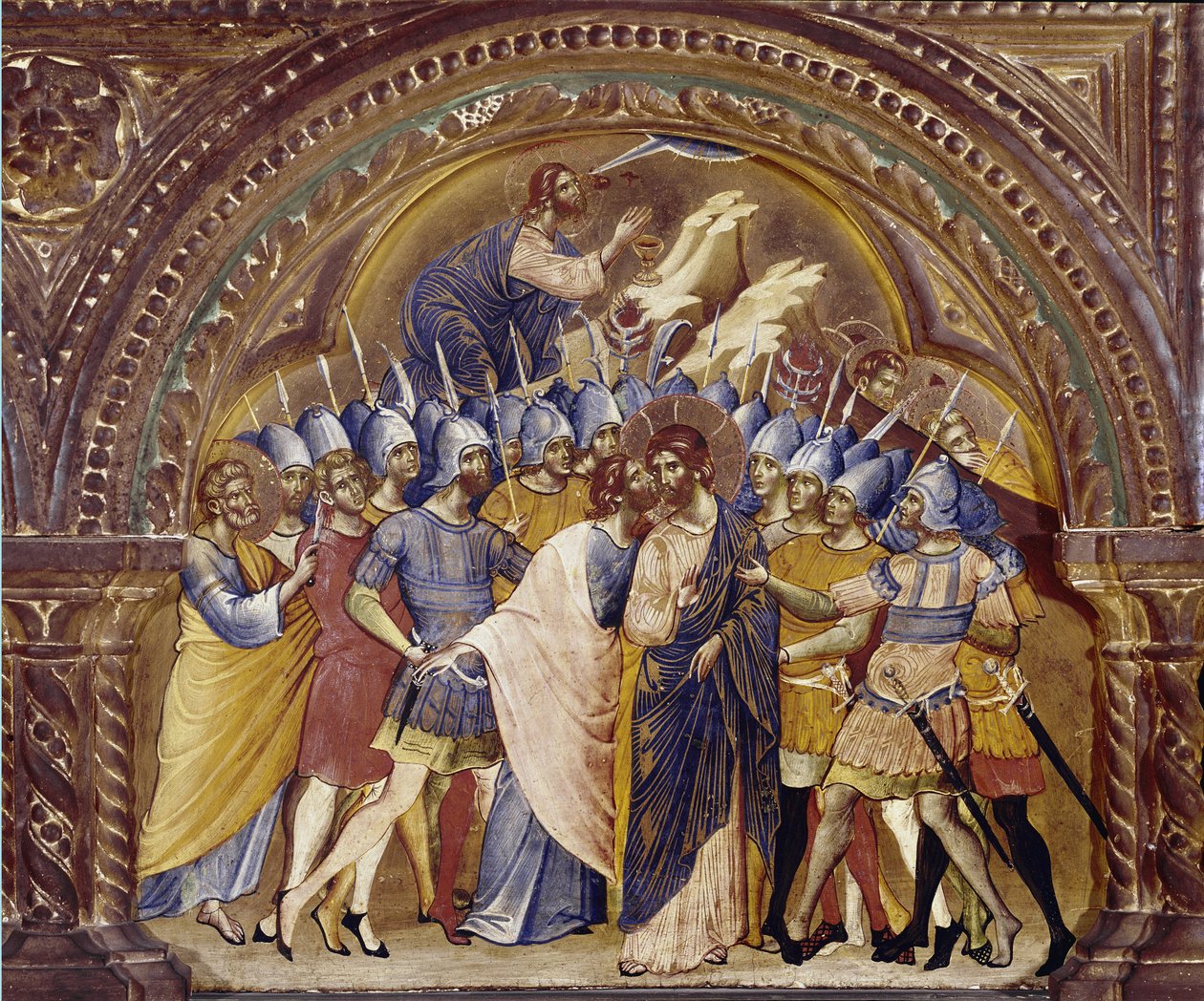 Kristuksen ottaminen, yksityiskohta Santa Chiaran polyptikosta. (öljy puulle, noin 1350) tekijältä Paolo Veneziano