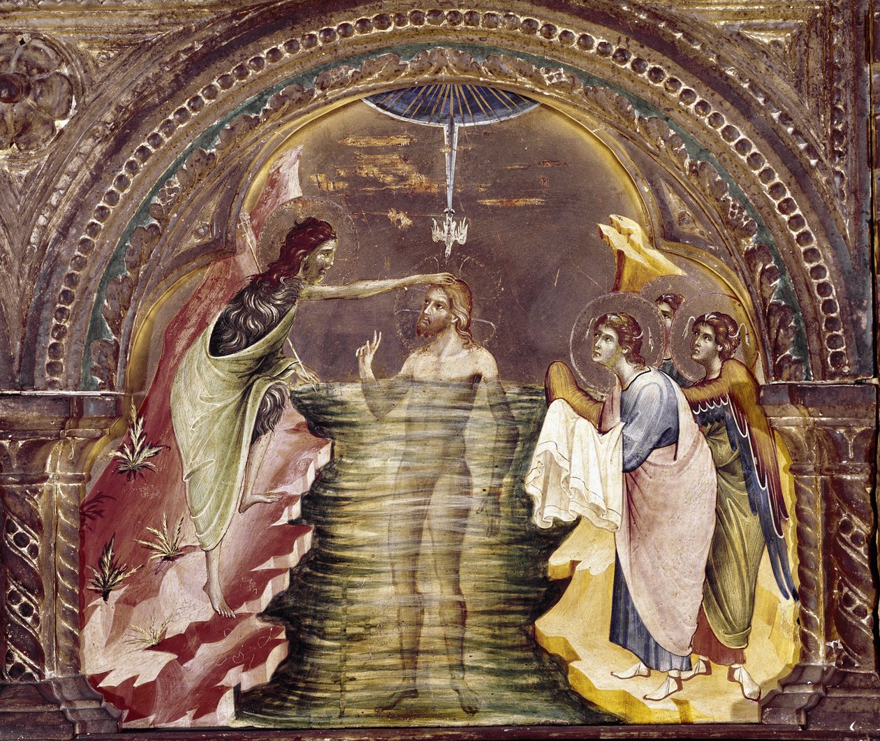 Jeesuksen kaste, yksityiskohta Santa Chiaran polyptikosta. (öljy puulle, noin 1350) tekijältä Paolo Veneziano