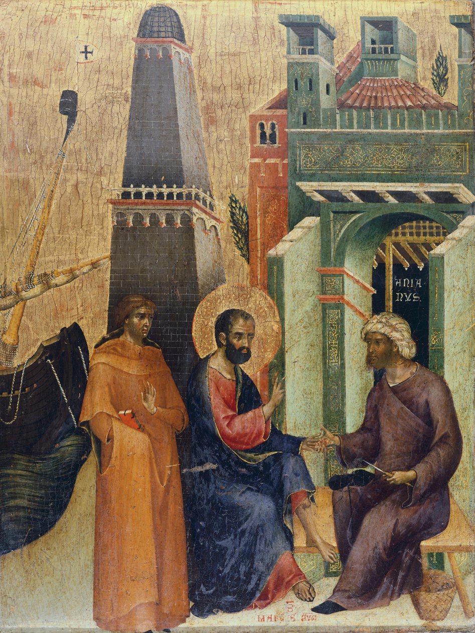 Vanhan miehen paraneminen, yksityiskohta Marciana Weekday -alttaritaulusta, Paolo Veneziano (n. 1300-n. 1365) tekijältä Paolo Veneziano