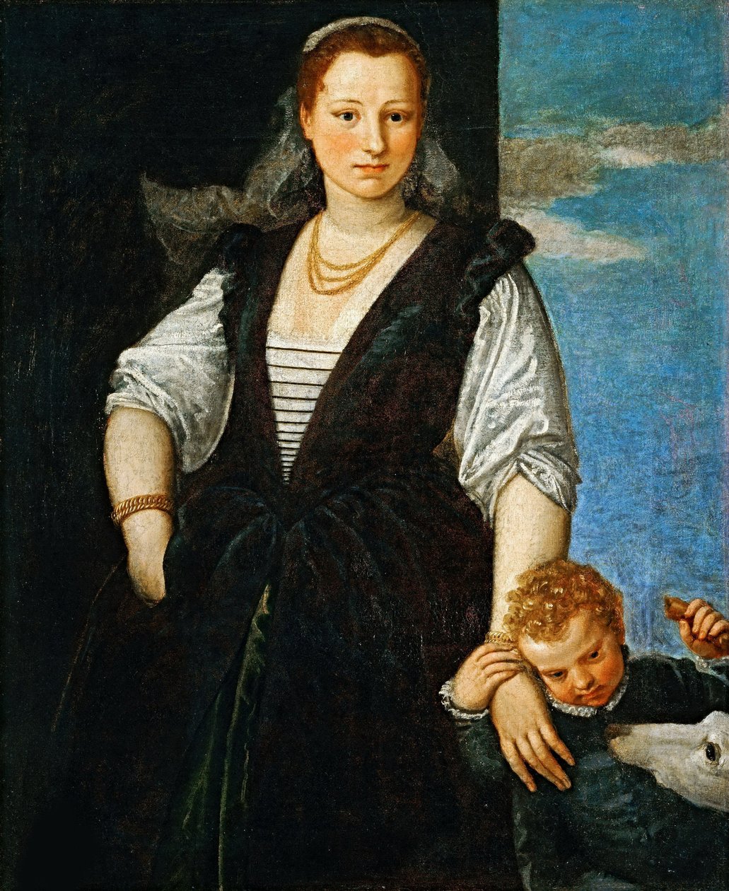 Muotokuva naisesta lapsen ja koiran kanssa Isabella Guerrieri Gonzaga Canossa, 1547-1548. tekijältä Paolo Veronese
