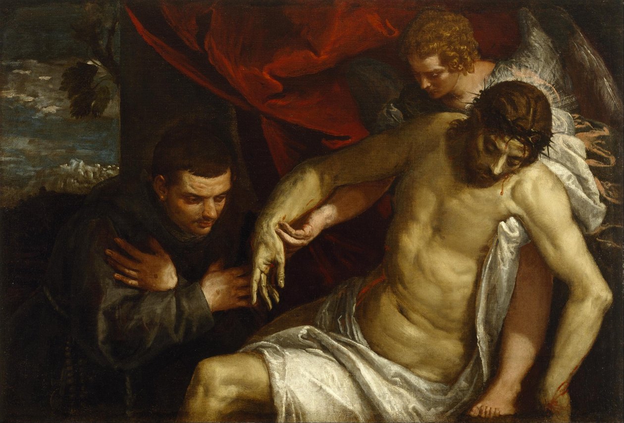 Kuollut Kristus enkelin tukemana ja fransiskaanin palvomana tekijältä Paolo Veronese