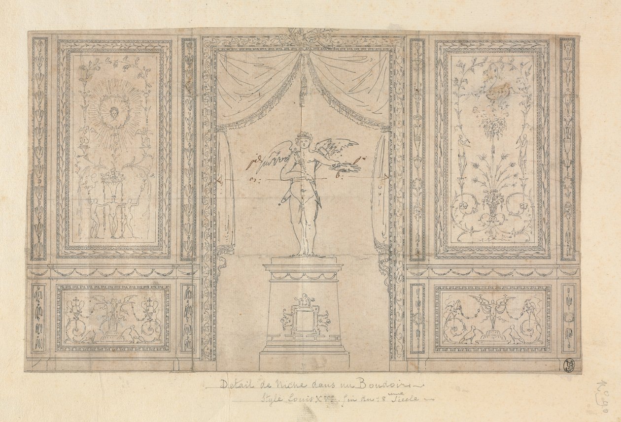 Amorin patsas muurirakassa, 1700-luvun lopulla. tekijältä Paolo Vincenzo Bonomini