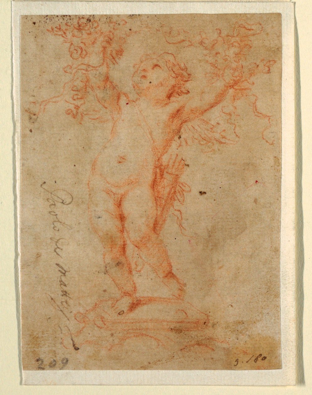 Piirros, Amor nostaa kukkakimppuja molemmilla käsillään, 1710-28 tekijältä Paolo de Mattheis