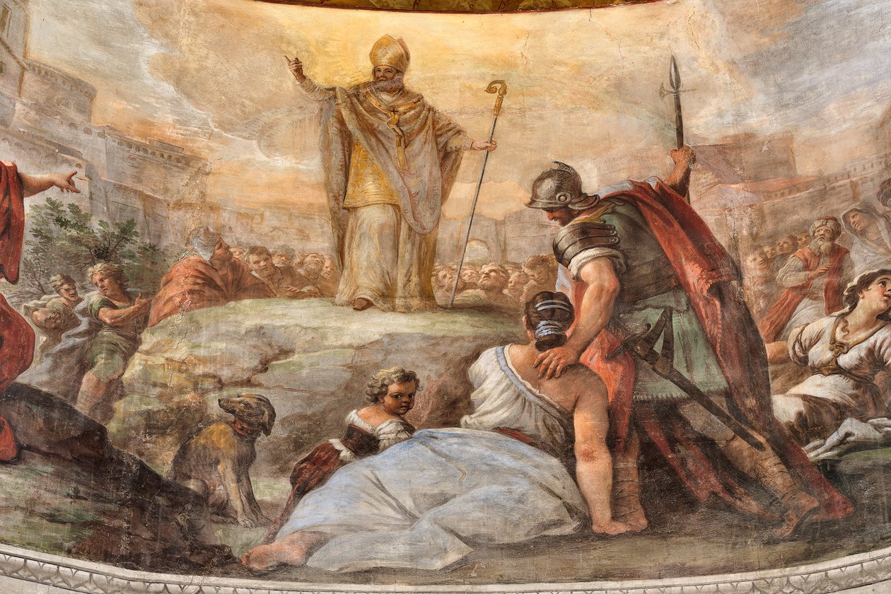 Paolo de Matteisin freskot vuodelta 1714 holvissa ja rummussa, jotka kuvaavat pyhimyksen elämää, San Cataldon kappeli katedraalissa, Taranto, Italia (kuva). tekijältä Paolo di Matteis