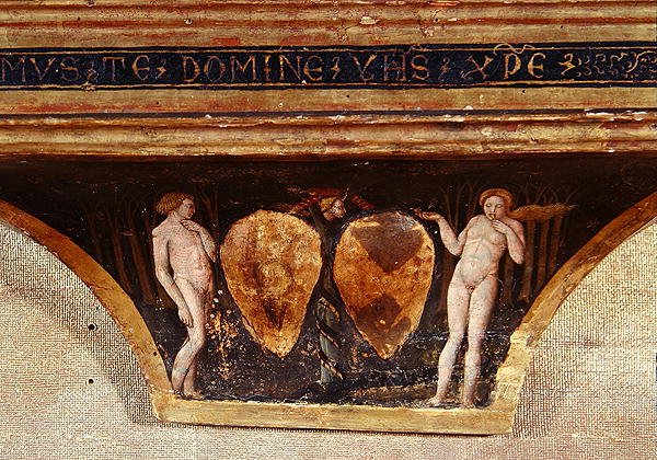 Aadam ja Eeva, teoksesta Nöyryyden neitsyt enkelien ja pyhien kanssa, n. 1440 (tempera kultaa paneelissa) (yksityiskohta) tekijältä Paolo di Stefano Badaloni Schiavo