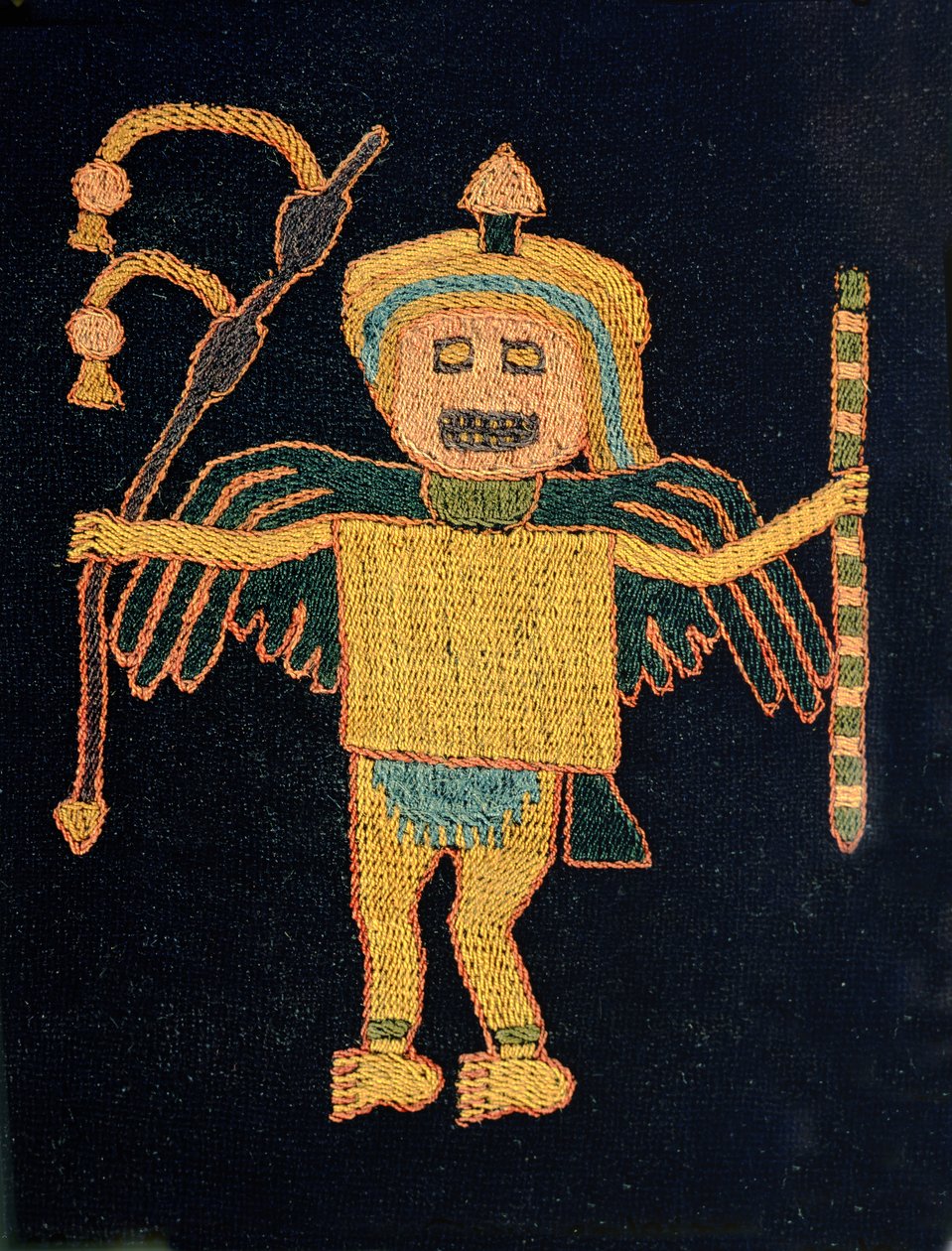 Yksityiskohta villakangastekstiilikappaleesta tekijältä Paracas Culture