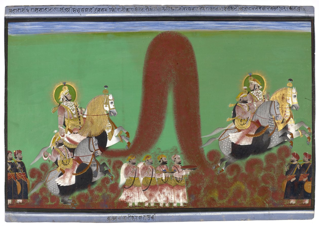 Maharana Shambhu Singh of Mewar soittaa holia, 1868-69 (guassi ja kultaa paperilla) tekijältä Parasuram Parasuram