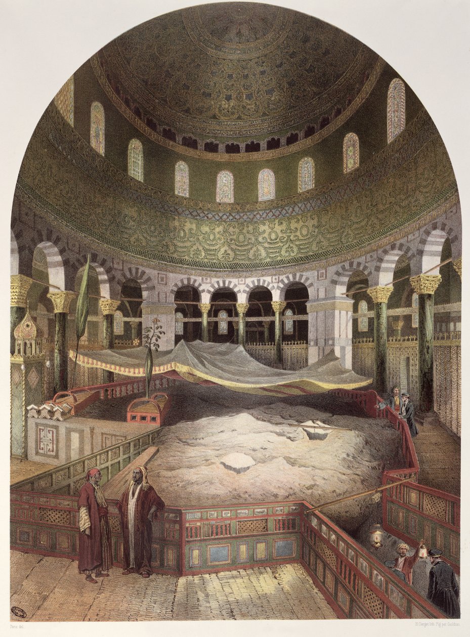 Omarin moskeijan sisustus, Contre-Amiral Parisin kuva Souvenirs de Jerusalemista, kaiverrukset Hubert Clerget (1818-99) ja Jules Gaildrau (1816-98) tekijältä Paris