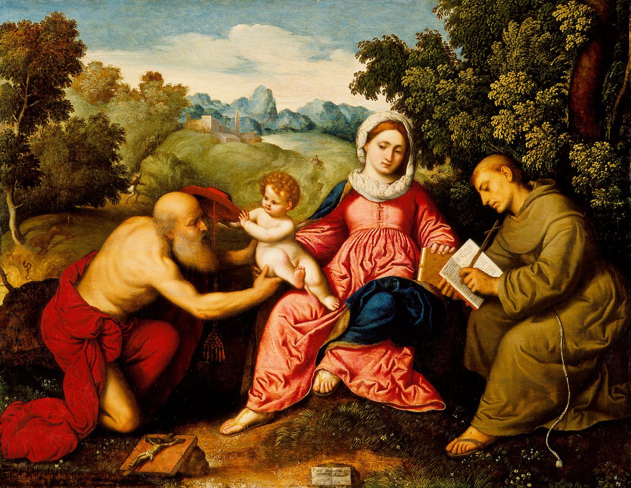 Madonna ja lapsi pyhien Hieronymuksen ja Franciscuksen kanssa, noin 1525. tekijältä Paris Bordone