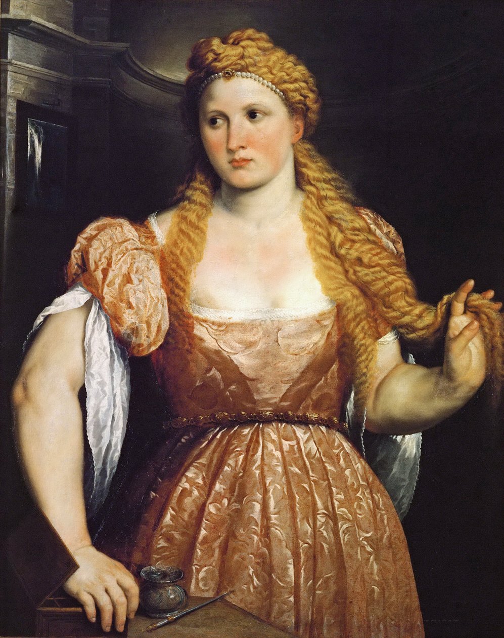 Nuoren naisen muotokuva wc:ssä - Paris Bordone (Bordon) (1500-1571). Öljy kankaalle, c. 1550. Mitat : 102x81 cm. Taidehistoriallinen museo, Vienne tekijältä Paris Bordone