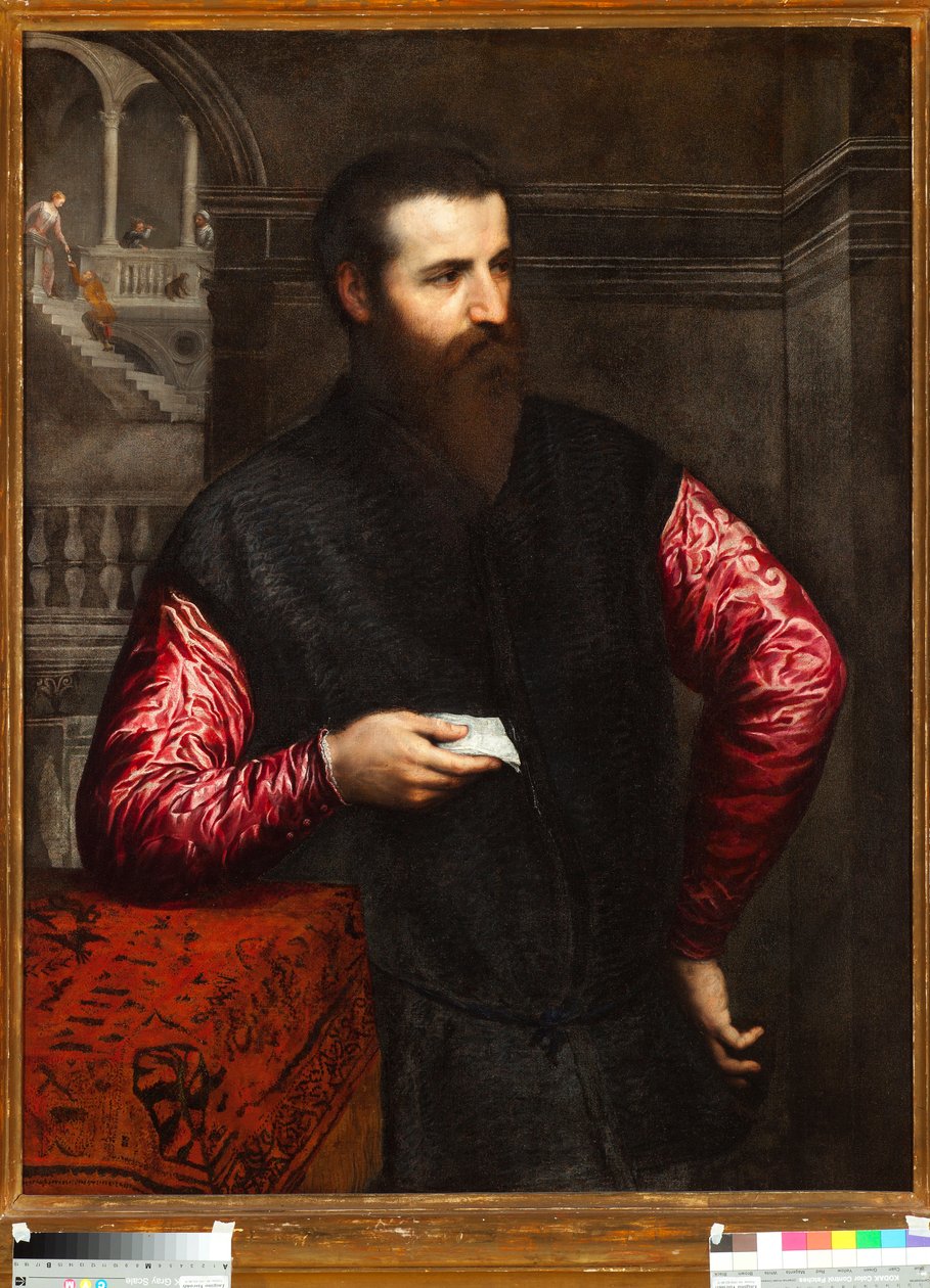 Muotokuva aatelismiehestä punaisilla hihoilla - Paris Bordonin tai Bordonen maalaus (1500-1571) Genes Musei di Strada Nuova inv n 43 tekijältä Paris Bordone