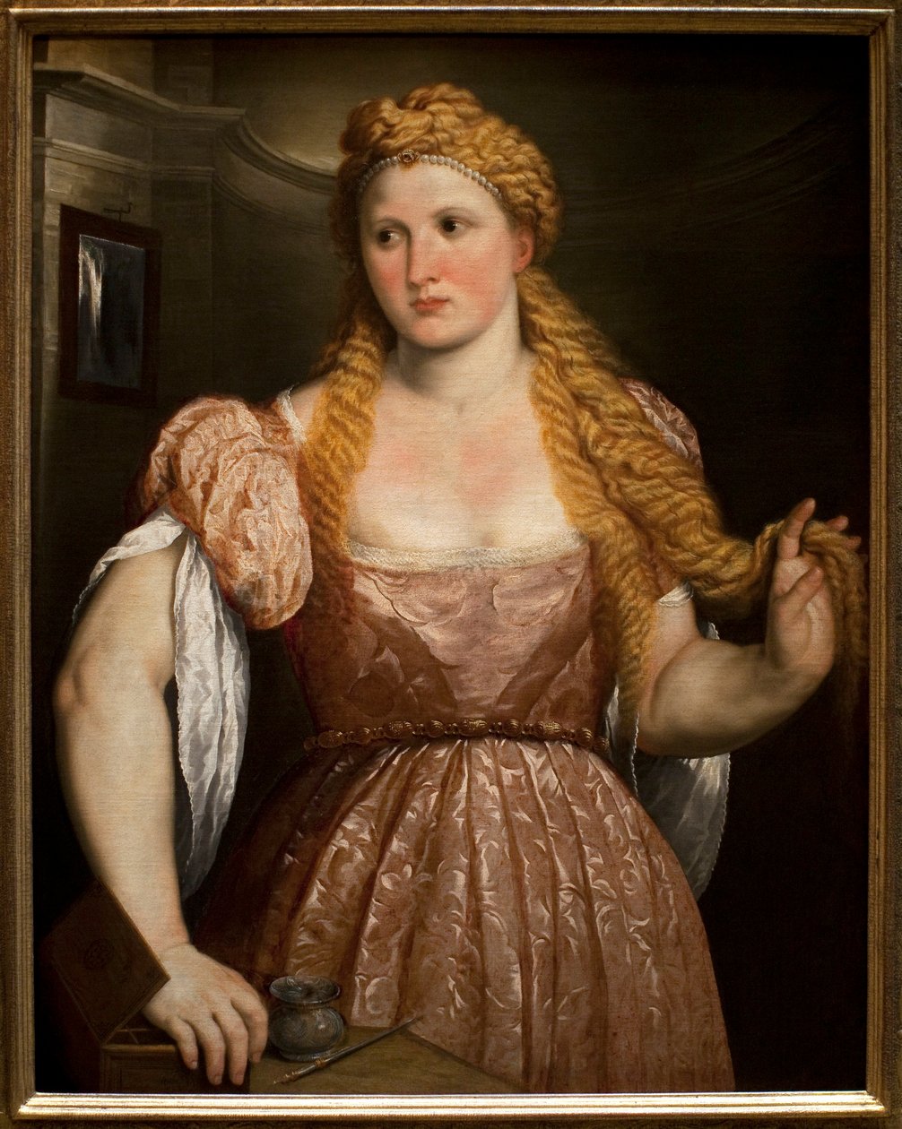 Nuoren naisen muotokuva. Paris Bordonen (tai Bordonin) maalaus (1495-1571), öljy kankaalle, noin 1550. Italialainen taide (Venetsia) tekijältä Paris Bordone