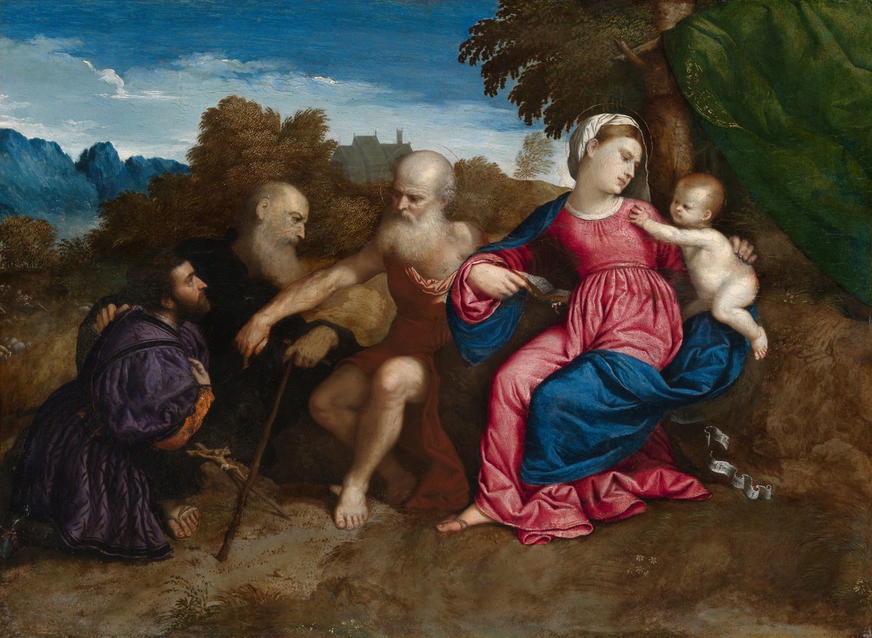 Neitsyt Maria ja lapsi pyhien Jerome ja Anthony Abbot ja lahjoittajan kanssa, n. 1522 (öljy poppelilevylle) tekijältä Paris Bordone
