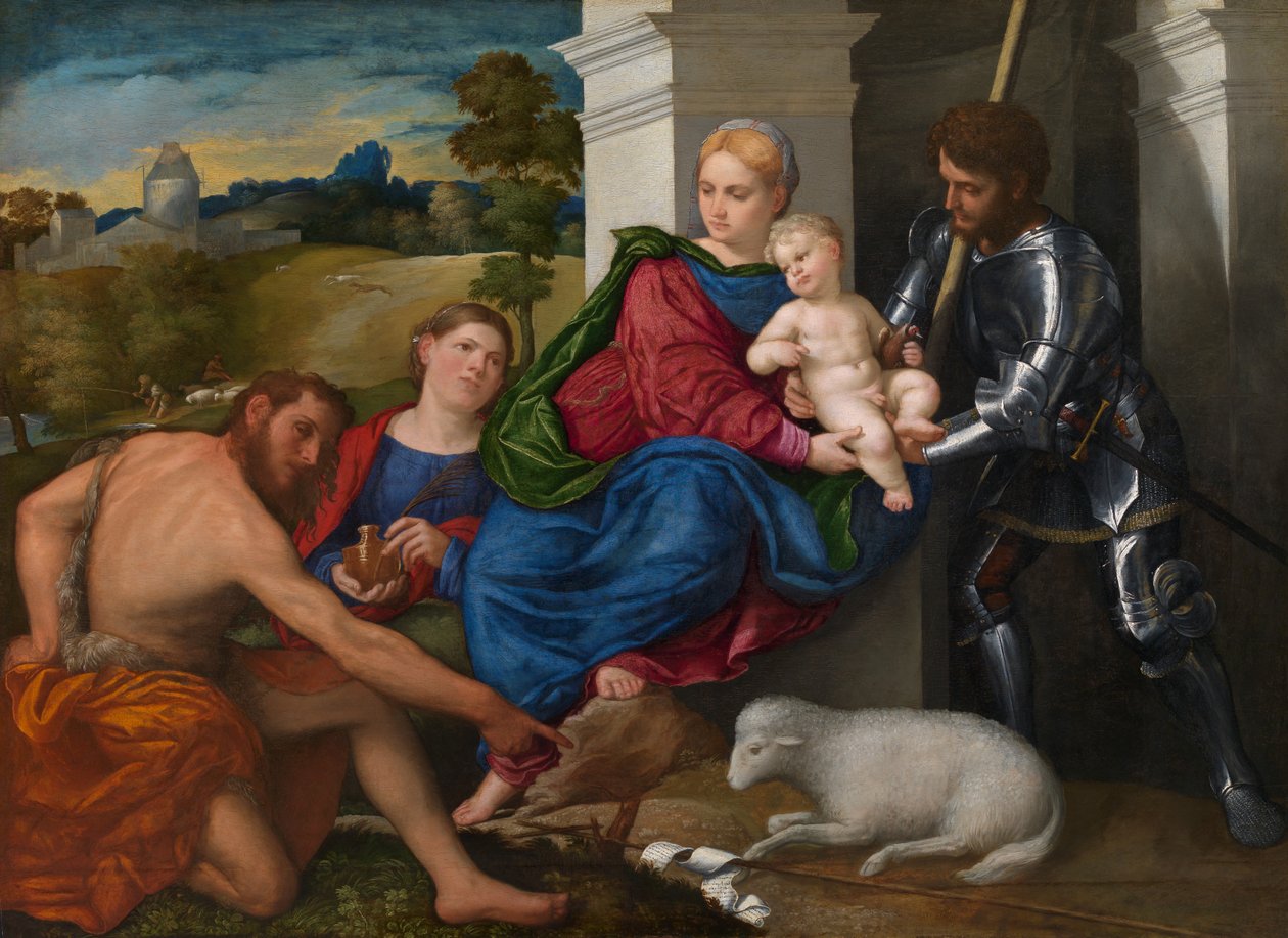 Neitsyt ja lapsi pyhien Johannes Kastajan, Magdalan Marian ja Georgen kanssa (mahdollisesti), n. 1524 (öljy paneelissa) tekijältä Paris Bordone