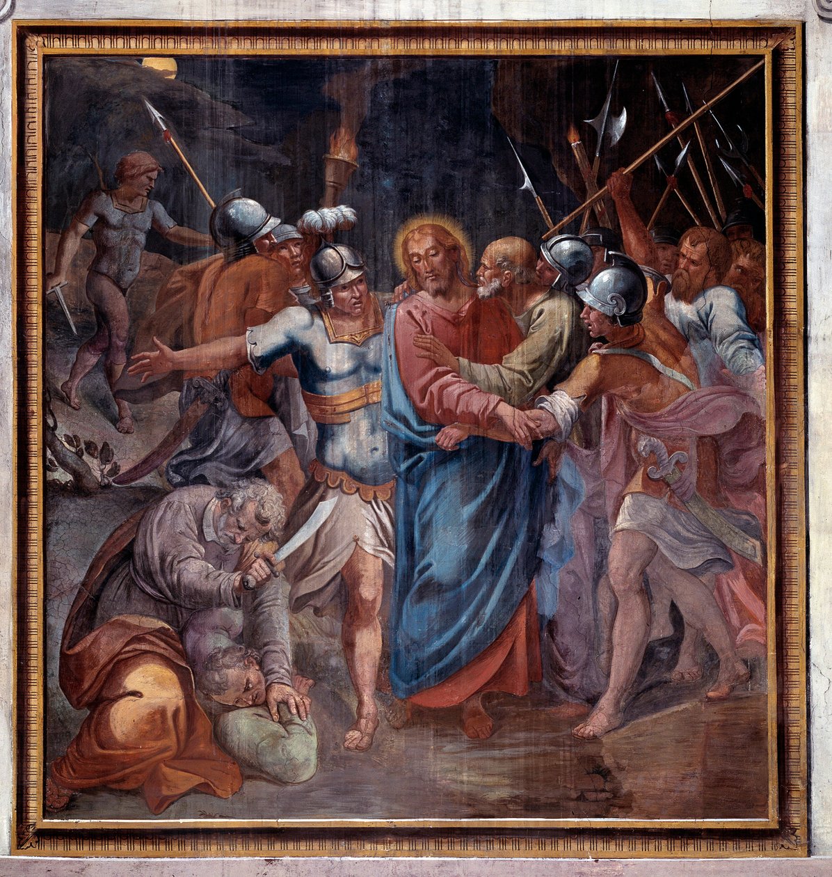 Kristuksen elämä: "" Juudaksen suudelma ja Kristuksen vangitseminen" (Kristuksen kärsimys, Juudaksen suudelma ja Jeesuksen vangitseminen) Paris Nogarin fresko (1536-1601) 1594-1600 Rooman Santa Prasseden kirkko (Santa) Prassede) Italia tekijältä Paris Nogari