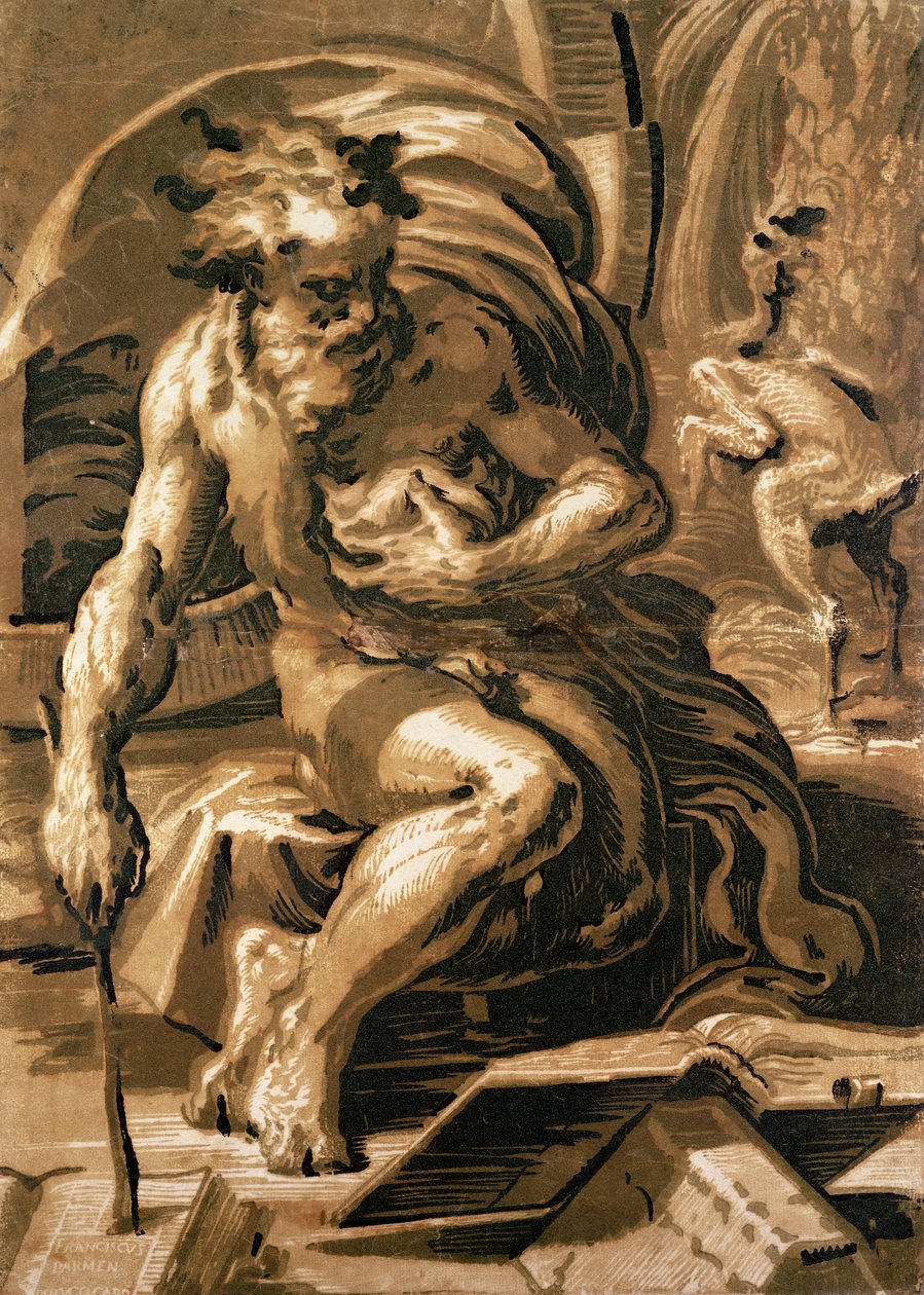 Diogenes, kaiverrus Ugo da Carpi (147080-1532) (chiaroscuro-puupiirros) tekijältä Parmigianino