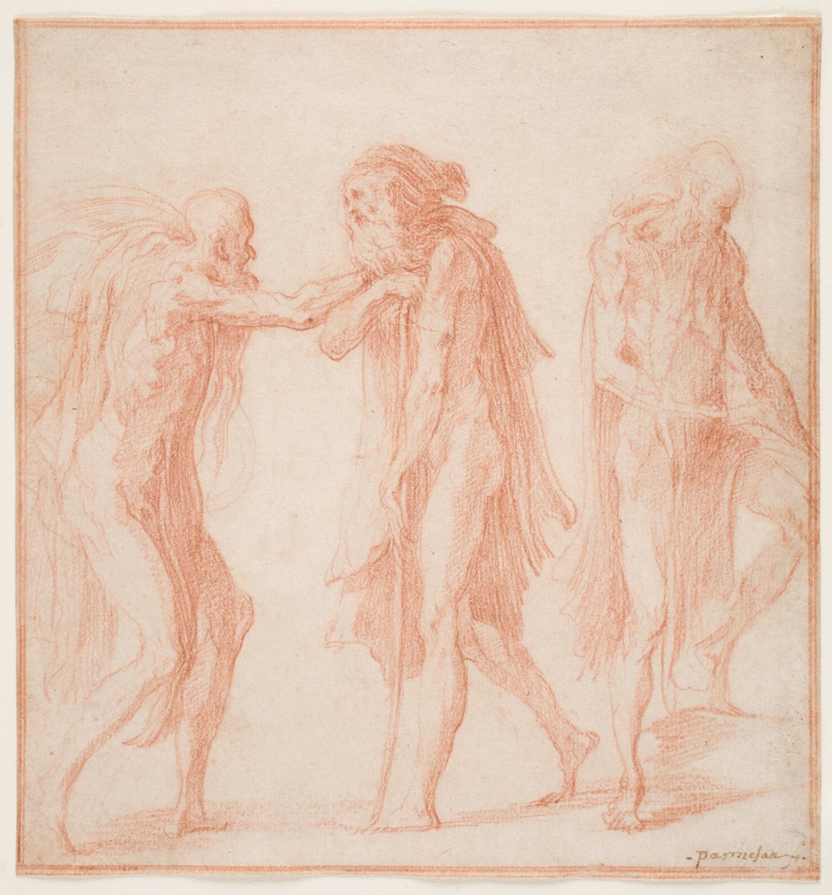 Kolme vanhaa miestä, n. 1535 (punainen liitu paperille) tekijältä Parmigianino