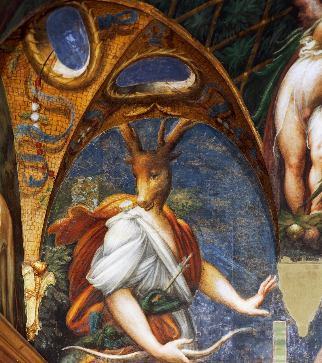 Diana muutti Actaeonin polttareiksi, yksityiskohta Diane- ja Acteon-salista tekijältä Parmigianino