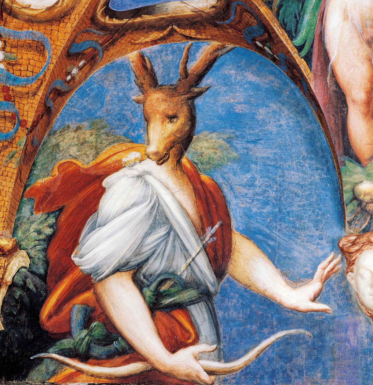 Actaeonin muuttuminen polttareiksi, Dianan ja Actaeonin myytistä, noin 1524, Francesco Mazzola, joka tunnetaan nimellä Parmigianino (1503-1540), fresko, Dianan ja Actaeonin huone, Rocca Sanvitale, Fontanellato, lähellä Parmaa, Emilia-Romagna, Italia tekijältä Parmigianino