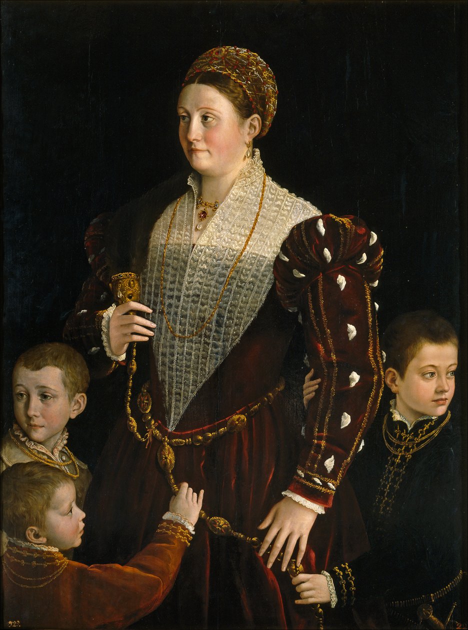 Camilla Gonzaga, Contessa di San Secondo, kolmen pojan kanssa, n. 1534 (öljy paneelille) tekijältä Parmigianino