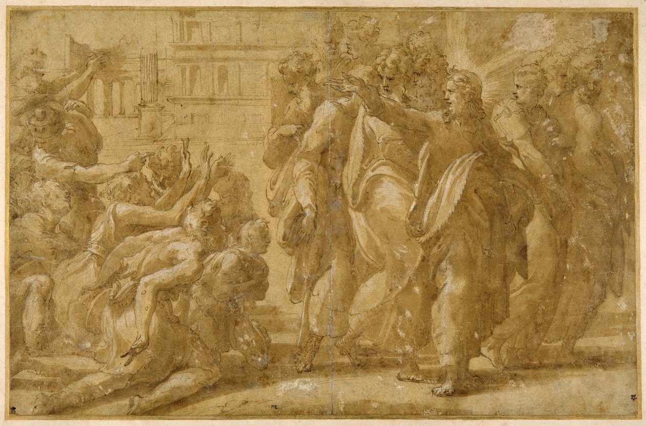 Kristus opetuslastensa kanssa parantamassa spitaalisia (kynä, muste, pesu ja vartaloväri paperille) tekijältä Parmigianino (1503 40)