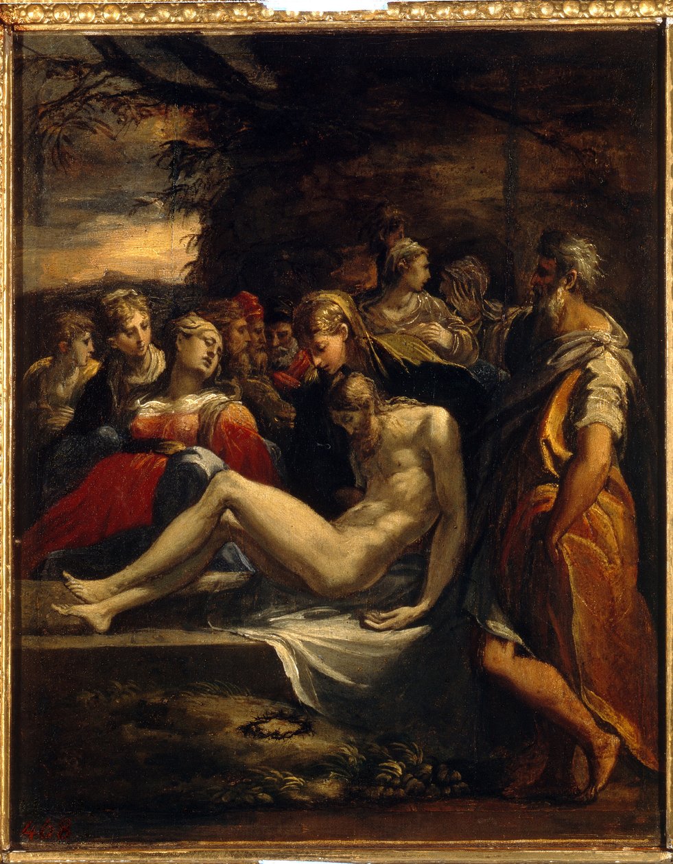 Kristuksen hautaus. Neitsyt Marian, Magdalan Marian ja Pyhän Johanneksen asettama Kristuksen ruumis hautajaisliinaan. Parmigianinon (1503-1540) maalaus, öljy kankaalle. italialainen taide (Parma) tekijältä Parmigianino