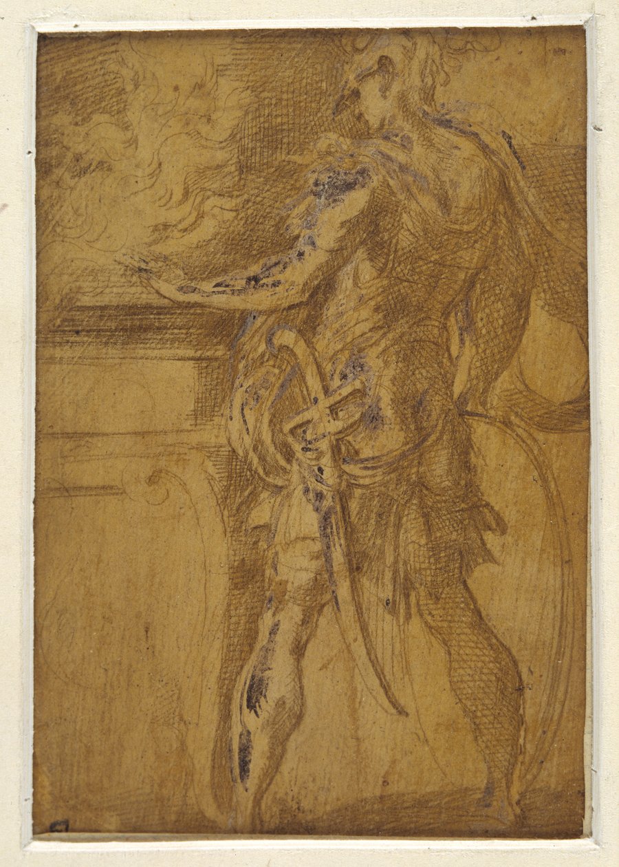 Mucius Scaevola pistää kätensä liekkeihin (metallikärki kellertävällä pohjalla, kosketettu valkoisella vartalovärillä paperilla) tekijältä Parmigianino (1503 40)