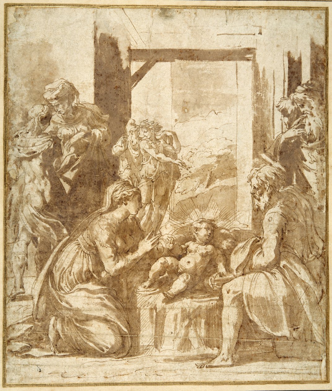 The Nativity (kynä ja ruskea muste ruskealla pesulla valkoisella paperilla) tekijältä Parmigianino