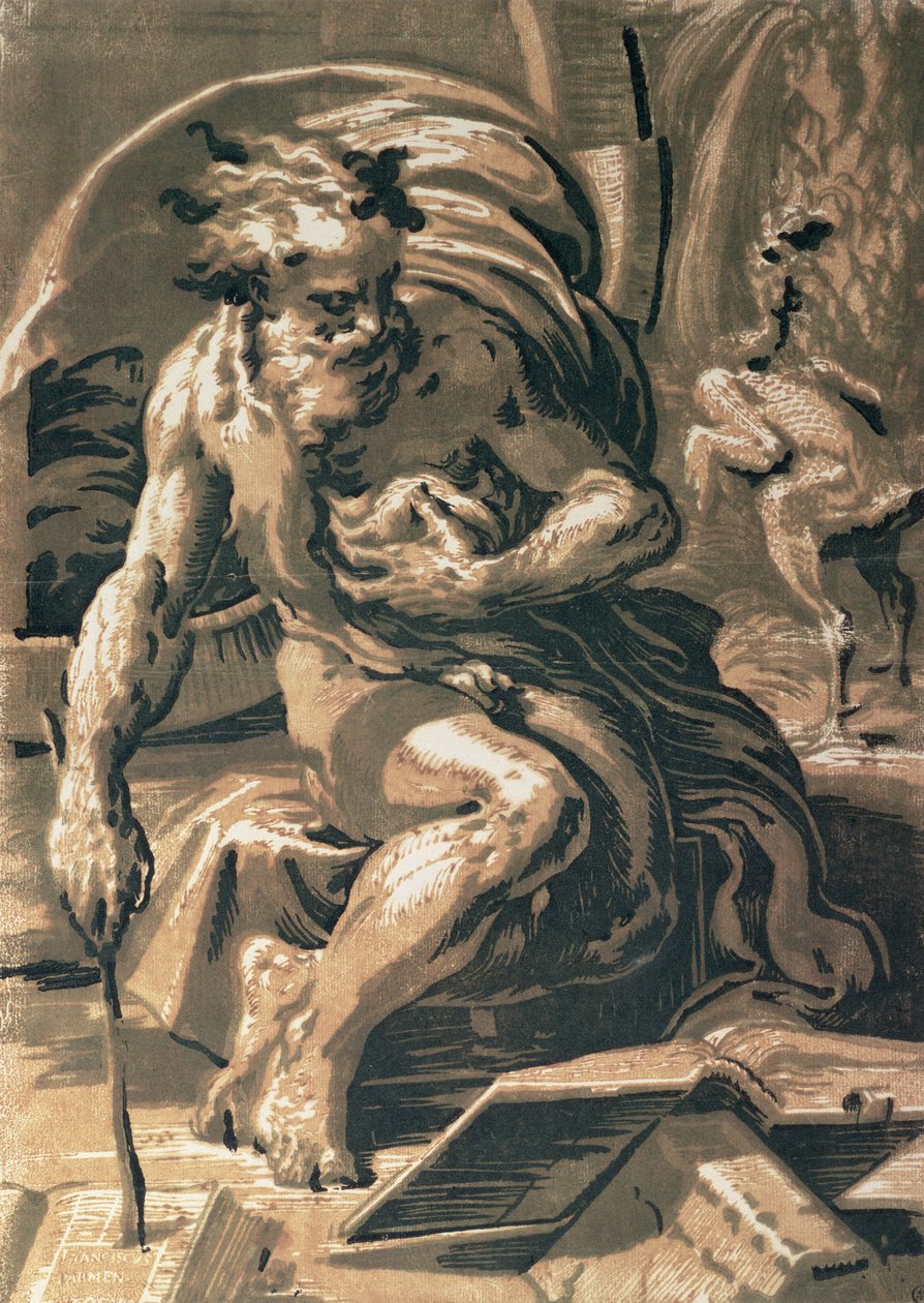 Diogenes, kaiverrus Ugo da Carpi (1470/80-1532) (chiaroscuro-puupiirros) tekijältä Parmigianino 