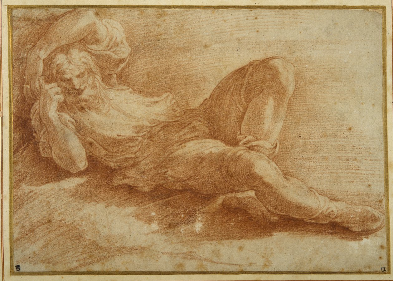 Parrakas hahmo, nukkuu (punainen liitu valkoisella paperilla) tekijältä Parmigianino