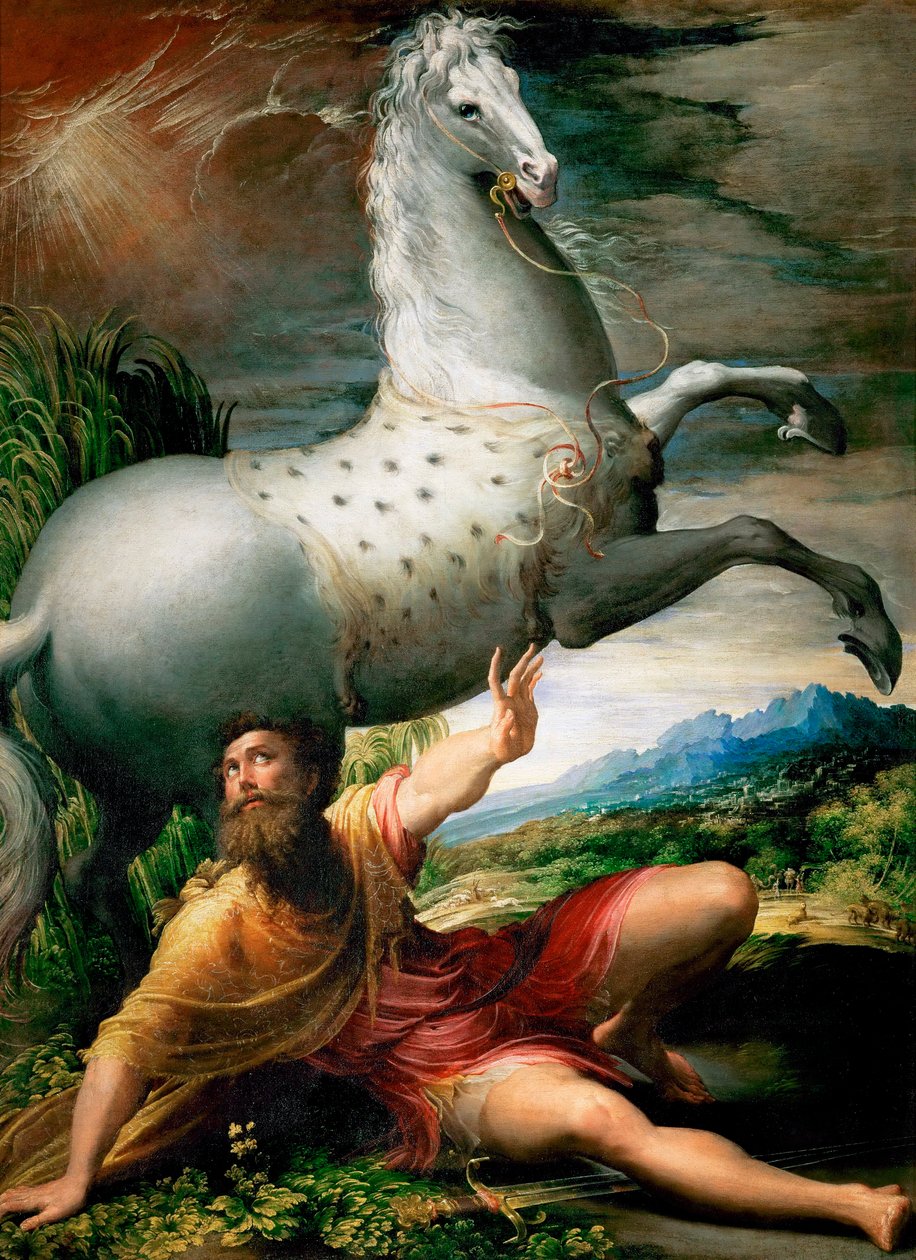 "Pyhän Paavalin kääntymys tiellä Damaskukseen" Girolamo Francesco Maria Mazzolan tai Mazzuoli dit il Parmigianinon maalaus lempinimellä Parmesan (1503-1540) noin 1528 taidehistoriallinen museo, Wien tekijältä Parmigianino
