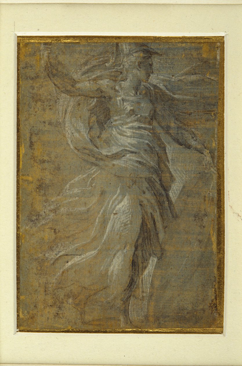 Minerva kilpi vasemmassa kädessään, lansetti oikeassa (metallikärki valmiilla kellertävällä alustalla) tekijältä Parmigianino