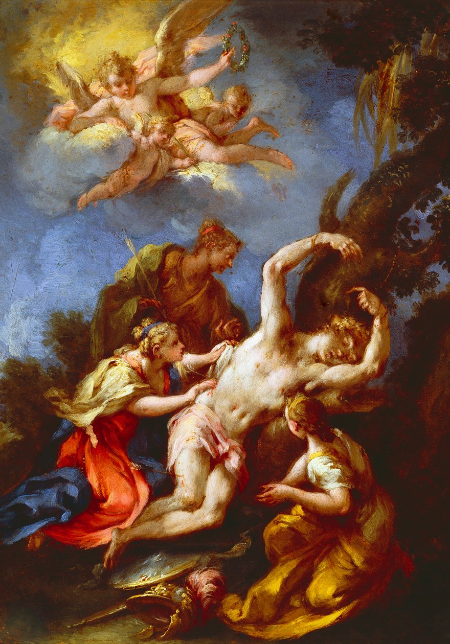 Pyhä Sebastián, mukana Holy Women, Michele Rocca, joka tunnetaan myös nimellä il Parmigianino, öljy kankaalle, 48x37 cm tekijältä Parmigianino