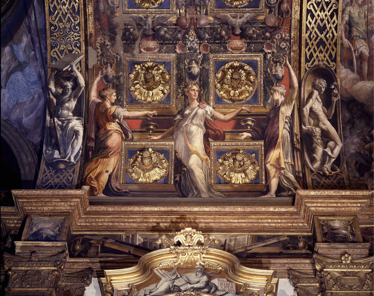 Kolme viidestä hullusta neitsyestä. Yksityiskohta Francesco Mazzolan (1503-1540) freskoista, jotka tunnetaan nimellä Parmigianino (Parmesan), jotka koristavat Parman Madonna della Steccatan kirkon kappelin pääholvia. tekijältä Parmigianino