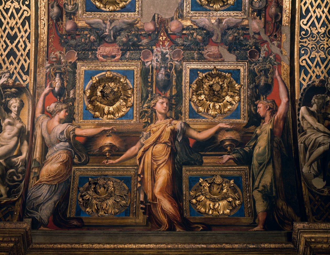 Kolme viisasta neitsyttä, yksityiskohta Kolme viisasta ja kolme typerää neitsyttä, Francesco Mazzola, joka tunnetaan nimellä Il Parmigianino, fresko, presbyteerikaaren alapuoli, Santa Maria della Steccatan pyhäkkö, Parma, Emilia-Romagna. Italia tekijältä Parmigianino