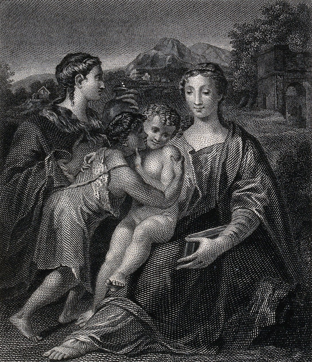 Pyhä Maria (autuas Neitsyt) Kristus-lapsen, pyhän Johannes Kastajan ja pyhän Maria Magdaleenan kanssa. Kaiverrus G. F. M. Mazzolan, il Parmigianinon, mukaan. tekijältä Parmigianino