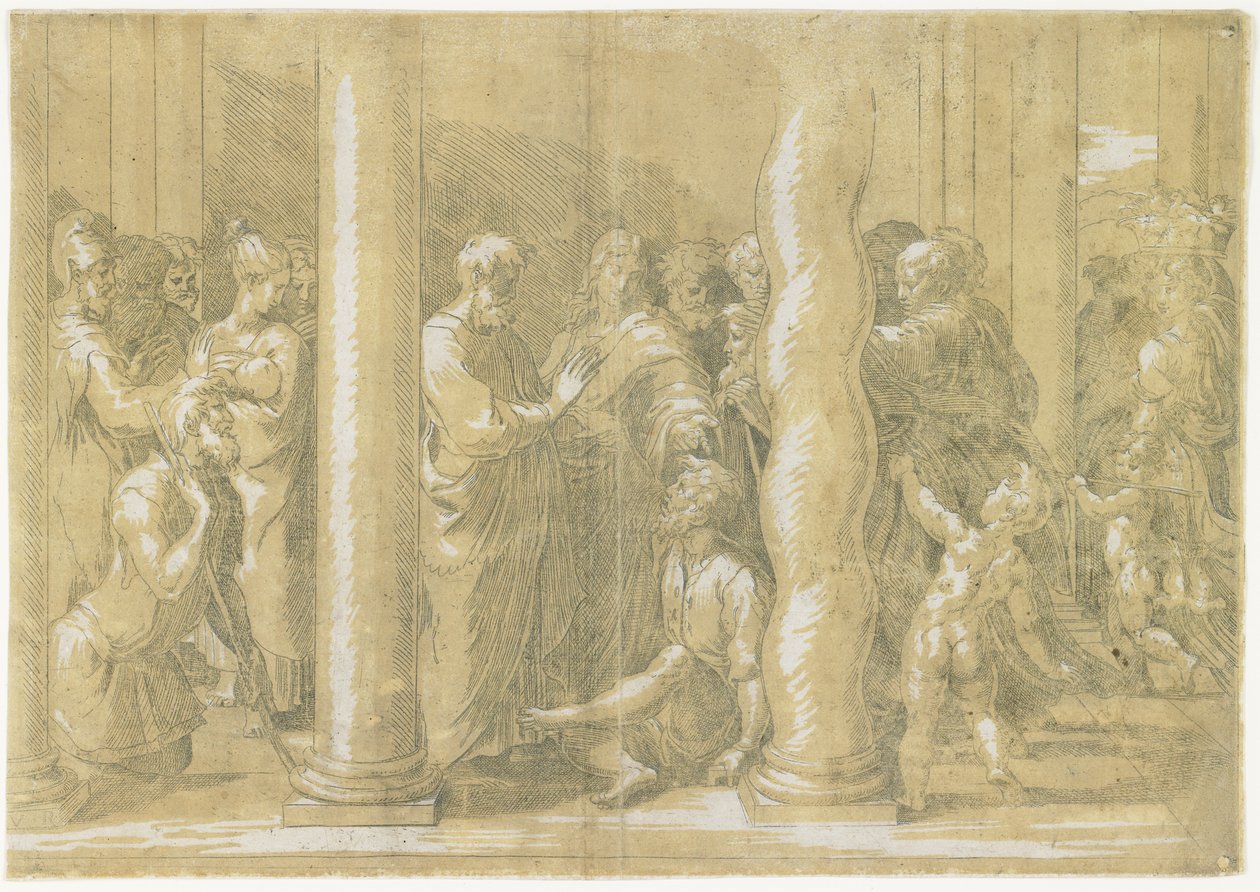 Pyhät Pietari ja Johannes parantavat sairaita temppelin portilla, n. 1530. tekijältä Parmigianino