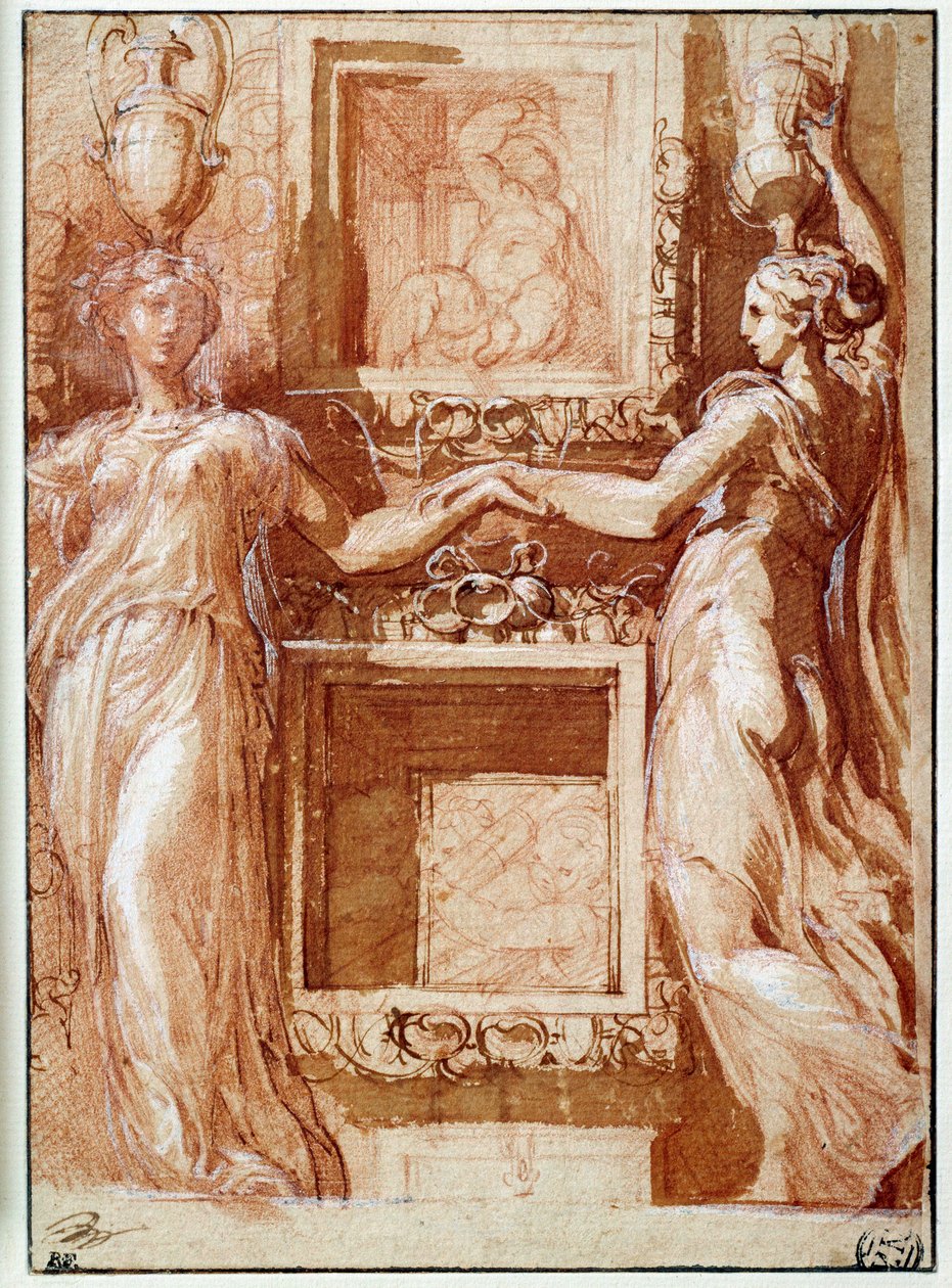 Kaksi kaneforia, jotka antavat kätensä, laatikoiden molemmilla puolilla Piirustus musteella, pesulla, verellä ja valkoisilla läppäillä Girolamo Francesco Maria Mazzola dit Parmigianino tai Le Parmesan tekijältä Parmigianino