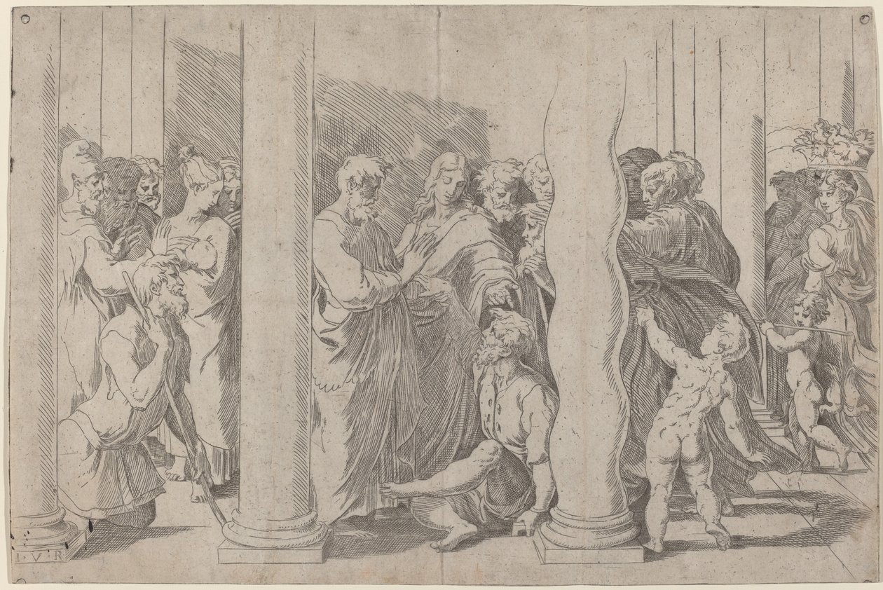 Pyhät Pietari ja Johannes parantavat rammaa miestä Golden Gatessa tekijältä Parmigianino after Raphael