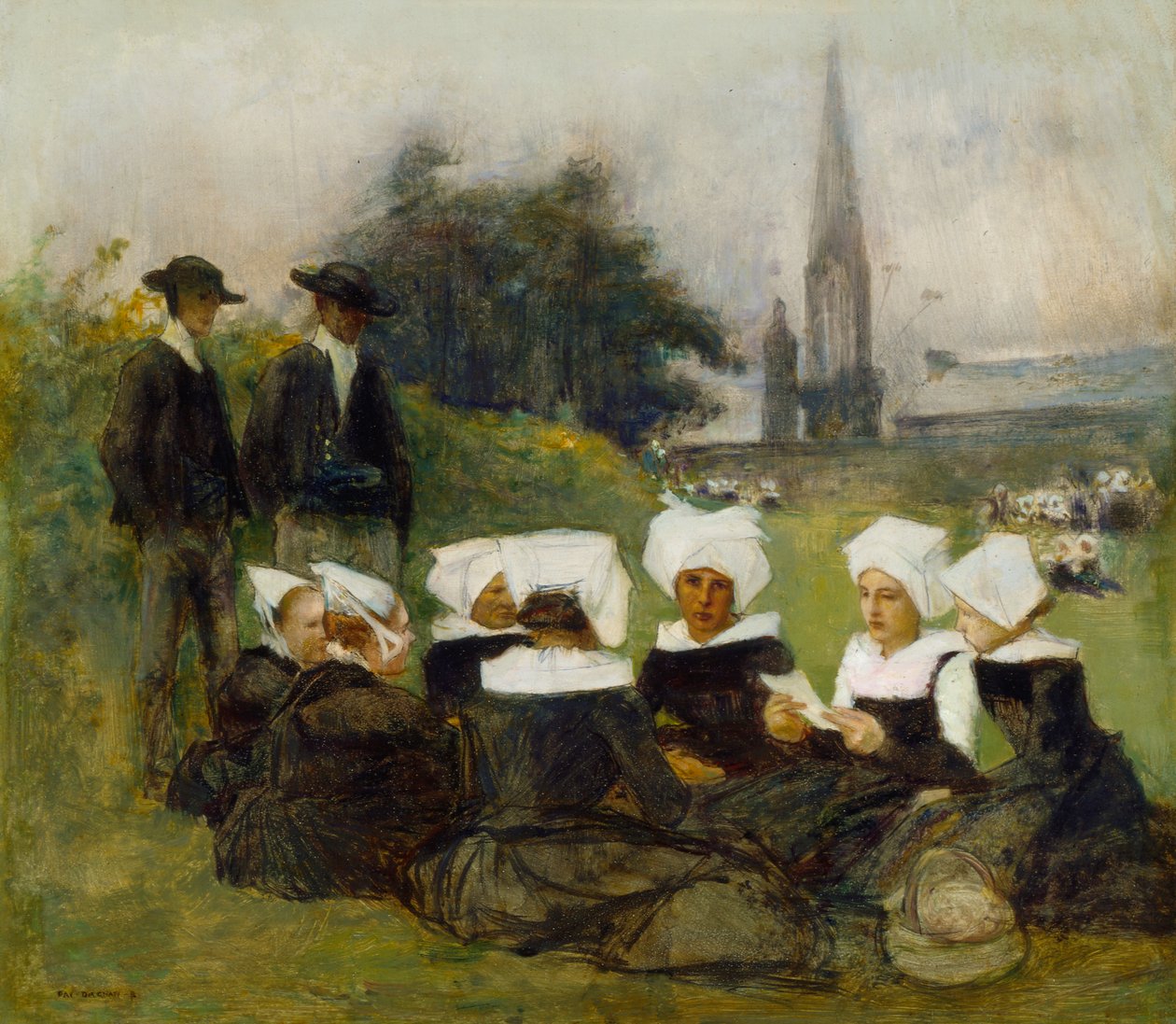 Tutkimus bretagnelaisnaisia armahduksen äärellä, n.1887 (ks. myös 60974). tekijältä Pascal Adolphe Jean Dagnan Bouveret