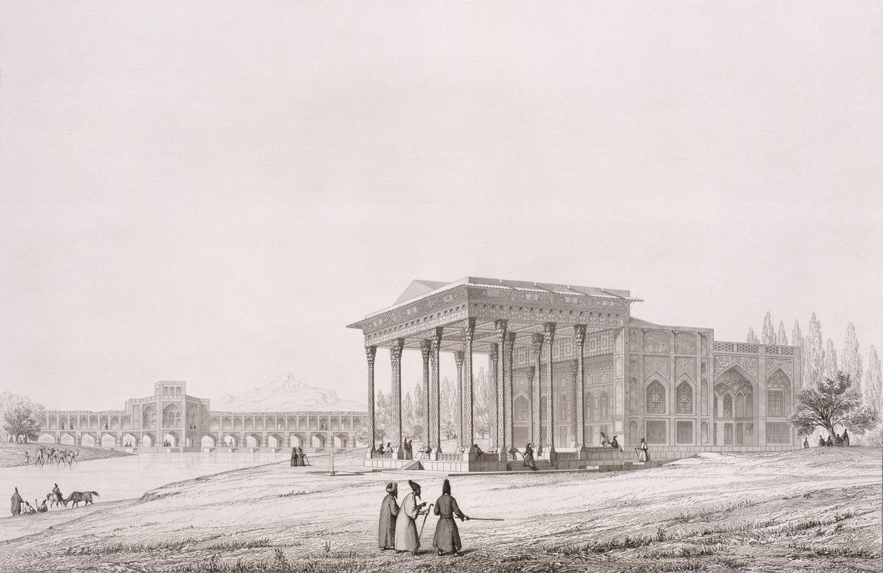 Ulkokuva peilipaviljongista, Isfahan, levy 33 julkaisusta "Modern Monuments of Persia", kaiverrus Claude Sauvageot (1832-85) 1856 tekijältä Pascal Xavier Coste