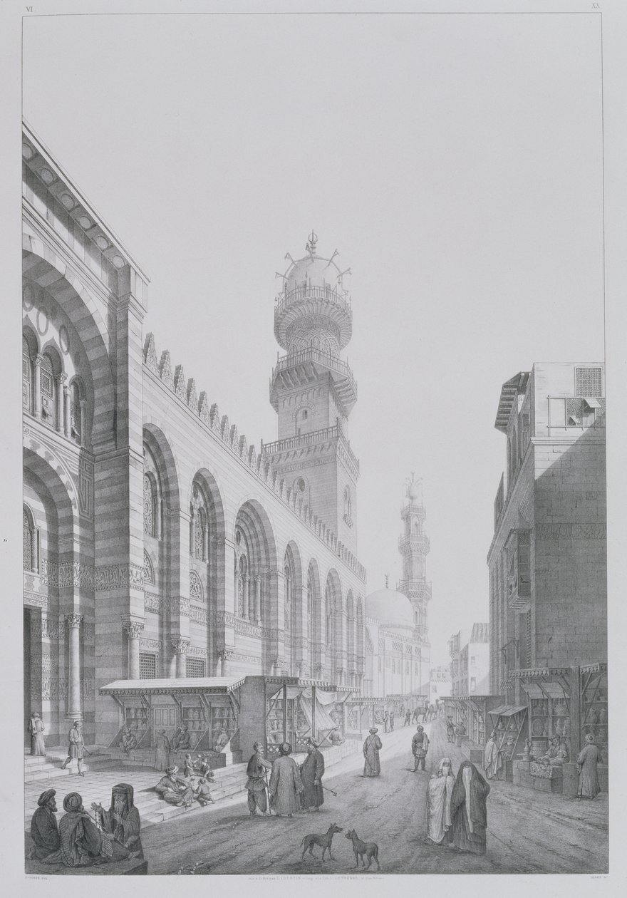 Qalaounin moskeijan ulkoasu, kuva 20 teoksesta "Monuments and Buildings of Cairo", kaiverrettu Auguste Hibon (1780-1857) 1829. tekijältä Pascal Xavier Coste