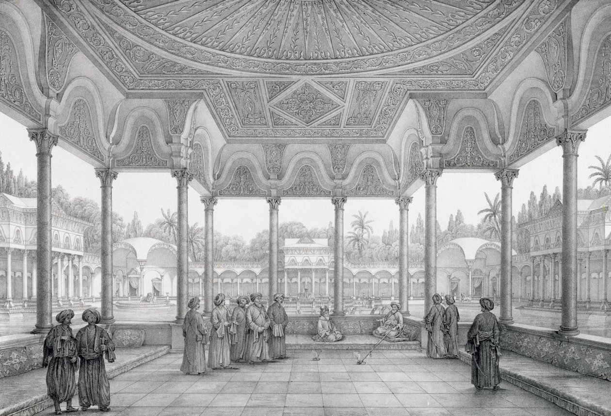 Choubrahin puutarhan suihkulähde ja kioski, Kairon muistomerkit ja rakennukset, kaivertanut Auguste Hibon (1780-1857), julkaissut Letronne, Pariisi, 1829 tekijältä Pascal Xavier Coste