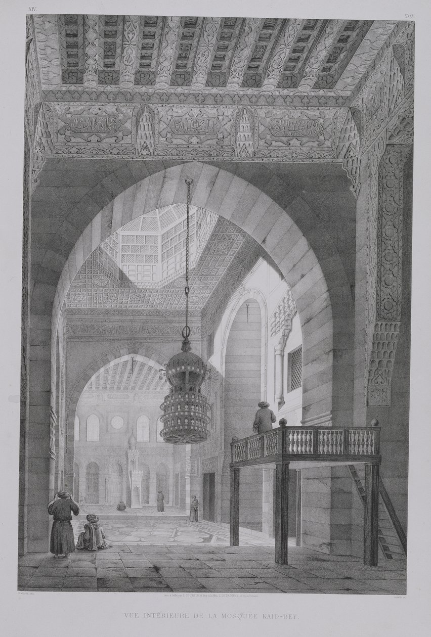 Kaid-Beyn moskeijan sisustus, levy 55 Kairon monumenteista ja rakennuksista, kaiverrus Auguste Hibon (1780-1857) 1829 tekijältä Pascal Xavier Coste