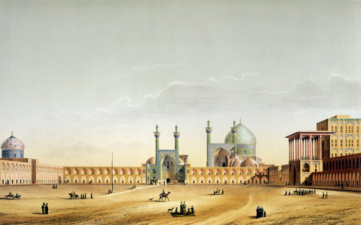 Kuninkaallinen palatsi ja Mesdjid-i-Shah, Isfahan, levyt 6-7 teoksesta "Modern Monuments of Persia", kaivertanut A. Levie, 1856 tekijältä Pascal Xavier Coste
